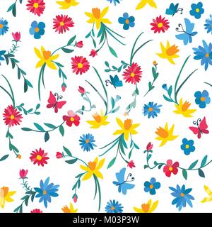 Seamless floral pattern with colorful flowers and butterflies Stock Vector