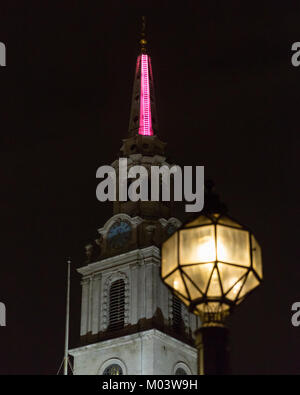 London, 17th Dec 2018. Echelle, a glowing neon pink ladder installation on the top of St-Martin-in-the-Fields church. Lumiere London 2018 Lights festival. Lumiere London is a light festival that presents an array of public art work and light installations across the capital. Credit: Imageplotter News and Sports/Alamy Live News Stock Photo
