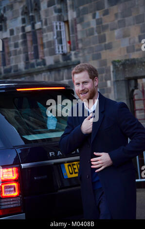 Cardiff, UK. 18th Jan, 2018. Cardiff Castle, Cardiff. 18/01/10. His Royal Highness Prince Henry of Wales leaving Cardiff Castle. Photograph Credit: Bethany Shorey/Alamy Live News Stock Photo