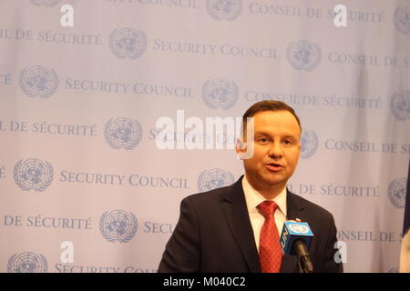 UN, New York, USA. 18th Jan, 2018. Poland's President Andrzej Duda spoke to press in front of UN Security Council. Credit: Matthew Russell Lee/Alamy Live News Stock Photo