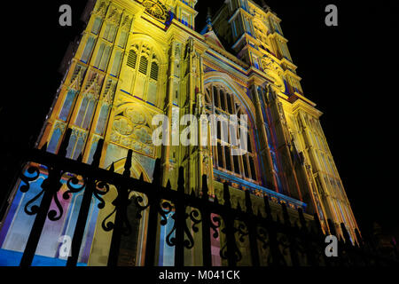 London, UK. 18th Jan, 2018. Westminster Abbey is lit as part of 'The Light of the Spirit Chapter 2' - during the Lumiere London festival by French artist Patrice Warrene which is running from 18th-21st January 2018.More than 50 artworks are lit to transform London's streets, buildings and public spaces into an immersive nocturnal art exhibition of light and sound and is organized by Artichoke, a charity that produces art for public spaces. Credit: amer ghazzal/Alamy Live News Stock Photo