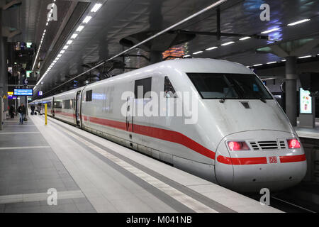 Berlin, Germany. 18th Jan, 2018. An Intercity-Express train is seen at the Berlin Central Train Station in Berlin, capital of Germany, on Jan. 18, 2018. All long-distance trains in Germany have been cancelled and at least three people were killed as a result of the storm 'Friederike', the German Press Agency (DPA) updated. Credit: Shan Yuqi/Xinhua/Alamy Live News Stock Photo