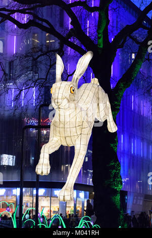 Lumiere London, Central London, UK. 18 Jan, 2018. A giant hare is among artworks filling Leicester Square Gardens as part of the Lumiere London event, which runs from 18 to 21 January. It is the UK's largest light festival, involving 16 British and international artists with displays in place across the West End that are expected to attract millions of visitors. Credit: Neil Doyle/Alamy Live News Stock Photo