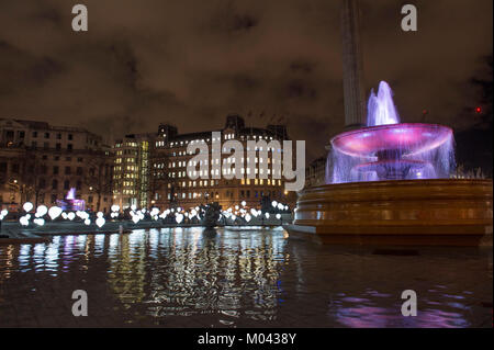 London, UK. 18th Jan, 2018. Locations around central London feature spectacular light displays created by 40 world-class artists and drawing large crowds. 'Child Hood' by Collectif Coin at Trafalgar Square. Credit: Malcolm Park/Alamy Live News. Stock Photo