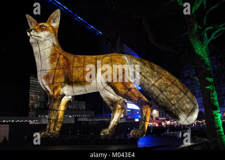 London, UK. 18th Jan, 2018. Lumiere London light festival returns for the second time. More than fifty artworks transform the capital's streets into a dazzling nocturnal free art exhibition. Over one million visitors attended the four days of the first Lumiere London festival in 2016. Lumiere London runs until 21 January 2018. Pictured: UK artist Jo Pocock and the Lantern Company turn Leicester Square Gardens into an illuminated world, bringing a sense of the wild into the heart of the city. Credit: mark phillips/Alamy Live News Stock Photo