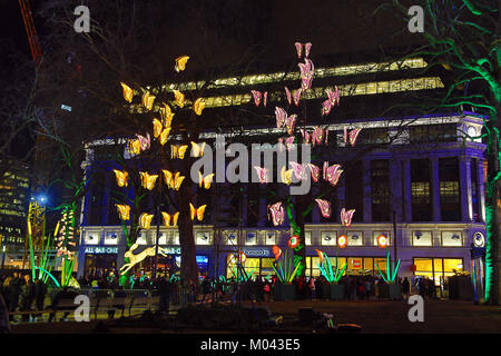 London, UK. 18th Jan, 2018. Nightlife by Jo Pocock and Lantern Company in Leicester Square as part of the Lumiere London Light Festival in London Credit: Paul Brown/Alamy Live News Stock Photo