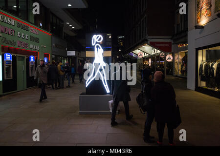 London, UK. 18th Jan, 2018. The Lumiere London light festival has returned to transform nocturnal London for a second edition comprising 50 artworks. Pictured Julian Opie's 'Shaida Walking. 2015' in Broadwick Street, which represents people walking down a street based on films of random people walking on a treadmill. Credit: Mark Kerrison/Alamy Live News Stock Photo