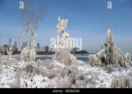 Chicago, USA. 18th Jan, 2018. Downtown Chicago is seen through ice-covered trees in Northerly Island of Chicago, the United States, on Jan. 18, 2018. Extreme cold weather hits U.S. Midwest this week with snow and snow shower, and many trees along Michigan Lake in downtown Chicago are covered with icicles. Credit: Wang Ping/Xinhua/Alamy Live News Stock Photo