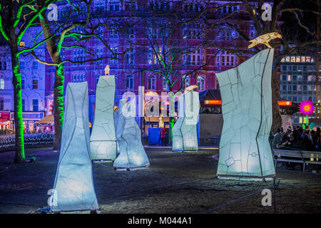 London, UK. 18th Jan, 2018. NIGHTLIFE by Lantern Company with Jo Pocock in Leicester Square - Lumiere London is a light festival that takes place over four evenings, from Thursday 18 to Sunday 21 January 2018. It showcases the capital's architecture and streets, with more than 50 works created by leading UK and international artists. Credit: Guy Bell/Alamy Live News Stock Photo