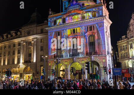 London, UK. 18th Jan 2018. Lumiere London 2018 Lights festival. Projected onto the Hotel Café Royal building, at Piccadilly Circus, Camille Gross and Leslie Epsztein’s 'Voyage'. Lumiere London is a light festival that presents an array of public art work and light installations across the capital. Credit: Imageplotter News and Sports/Alamy Live News