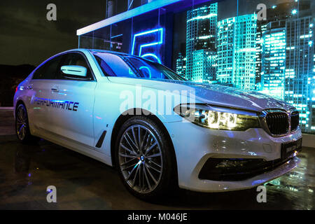 KUALA LUMPUR, MALAYSIA - JANUARY 18: A BMW 530e Sport car is display inside the show room during introducing of the first BMW 5 Series Hybrid with Edrive in Kuala Lumpur on January 18, 2018. Credit: Samsul Said/AFLO/Alamy Live News Stock Photo