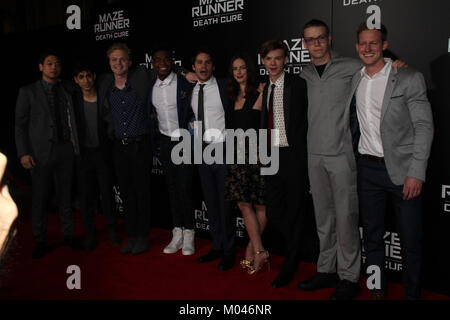 Ki Hong Lee, Alex Flores, Joe Adler, Dexter Darden, Dylan OfBrien, Kaya Scodelario, Thomas Brodie-Sangster, Will Poulter, Chris Sheffield  01/18/2018 Red Carpet Fan Screening of 'Maze Runner: The Death Cure' held at AMC Century City 15 at Westfield Century City Mall in Los Angeles, CA Photo by Izumi Hasegawa / HollywoodNewsWire.co Stock Photo