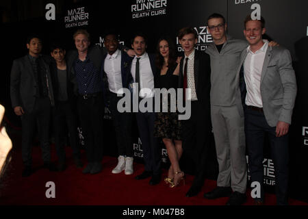 Ki Hong Lee, Alex Flores, Joe Adler, Dexter Darden, Dylan O?fBrien, Kaya Scodelario, Thomas Brodie-Sangster, Will Poulter, Chris Sheffield  01/18/2018 Red Carpet Fan Screening of 'Maze Runner: The Death Cure' held at AMC Century City 15 at Westfield Century City Mall in Los Angeles, CA  Photo: Cronos/Hollywood News Stock Photo