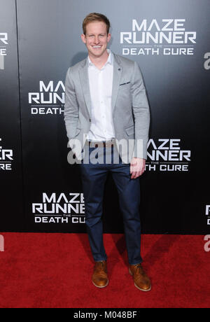 Los Angeles, USA. 18th Jan, 2018. Actor Chris Sheffield attends 20th Century Fox Red Carpet Fan Screening of 'Maze Runner: The Death Cure' at AMC Century City 15 - Westfield Centur City Mall on January 18, 2018 in Los Angeles, California. Credit: Barry King/Alamy Live News