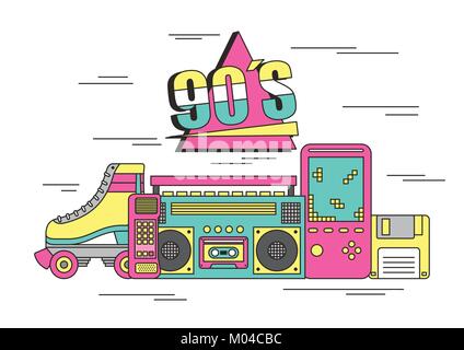 tape recorder cube rubik video game tamagotchi roller skate 90s devices and toys Stock Vector