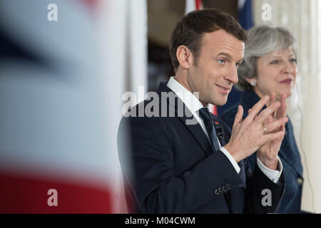 Prime Minister Theresa May and French President Emmanuel Macron during a press conference at the Royal Military Academy Sandhurst, after UK-France summit talks. Stock Photo