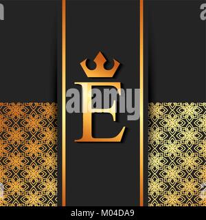 golden luxury and elegant e letter crown royal heraldic floral decoration Stock Vector