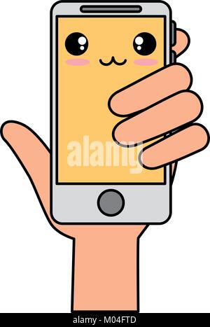 smartphone device with hand human kawaii character vector illustration design Stock Vector