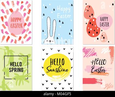 Modern, minimalist Easter cards with hand-drawn graphic design elements, vector set Stock Vector