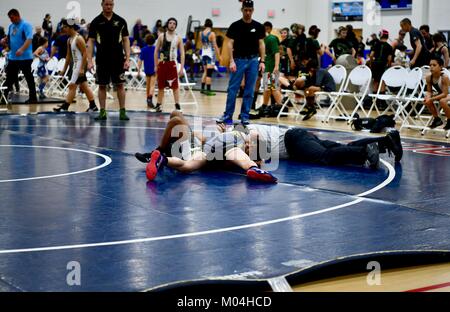 Youth Collegiate style wrestling match Stock Photo