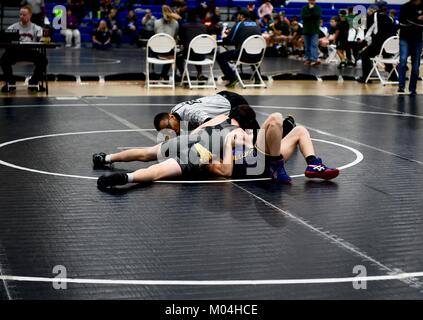 Youth Collegiate style wrestling match Stock Photo