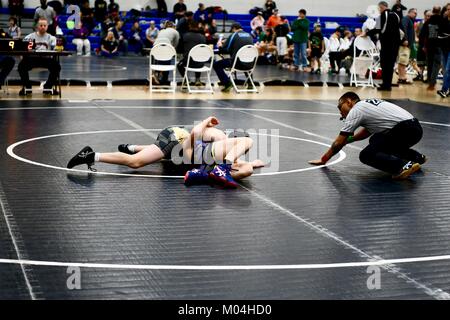 Youth Collegiate style wrestling match Stock Photo