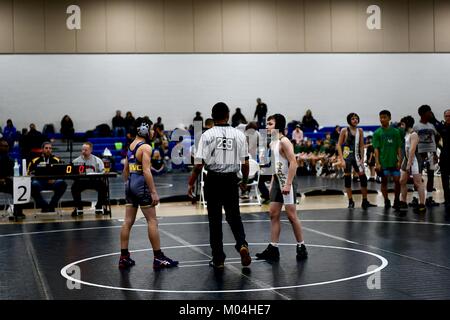 Youth Collegiate style wrestling match Stock Photo