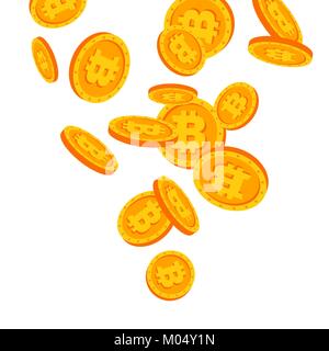 Bitcoins Falling Down Vector. Flat, Cartoon Gold Coins Illustration. Cryptography Finance Coin Design. Fintech Blockchain. Currency Isolated Stock Vector