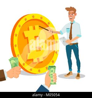 Bitcoin Innovative Start Up Vector. Monetization Project Idea Concept. Businessman With Big Bitcoin Sign. Isolated On White Cartoon Business Character Stock Vector