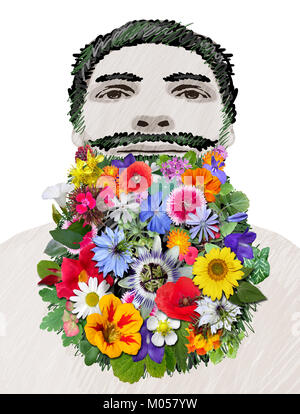 Colorful Flowers Bearded Man Stock Photo