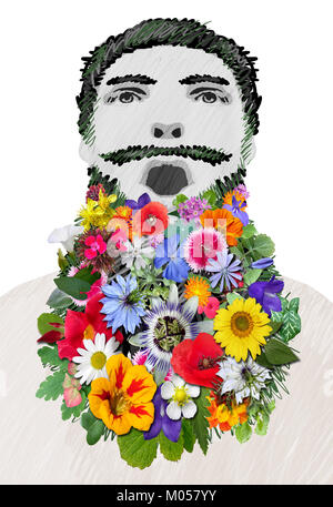 Colorful Flowers Bearded Man Stock Photo