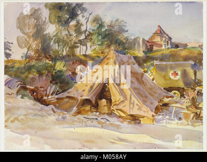 This photograph shows a camp with an ambulance, possibly from a historical medical or military context. The image is part of the MET collection, offering insights into past medical services or military operations involving emergency care and transport. Stock Photo