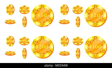 Poker Chips Vector. Flat, Cartoon Set. 20, 50, 100, 200 Dollar Sign. Award Icons. Gold Poker Game Chips Sign Isolated On White Background. Flip Different Angles. Casino Gambling Chips Illustration. Stock Vector