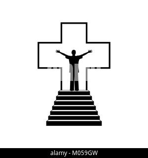 Christian illustration. Man in the background of the cross of Jesus Christ Stock Vector