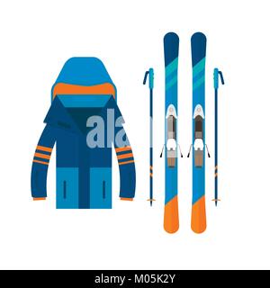 Winter sport icons jaket and skiing. Skiing and snowboarding set equipment isolated on white background in flat style design. Elements for ski resort  Stock Vector