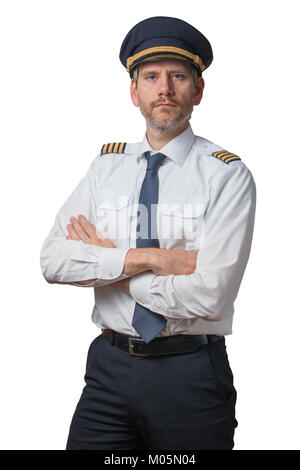 Pilot in captain uniform with 4 golden stripes and cap crossed his arms Stock Photo