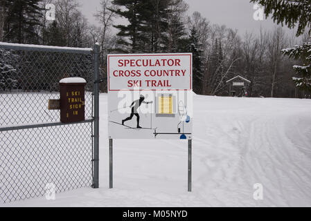 Sign and sign-in box for the Speculator cross country ski trail in Speculator, NY., Stock Photo