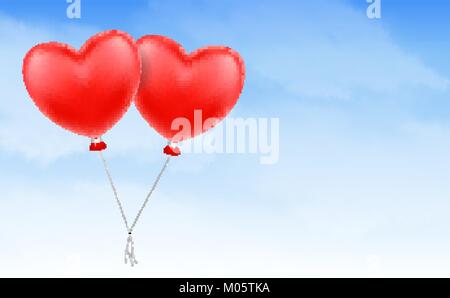 two love heart balloon floating in blue sky Stock Vector