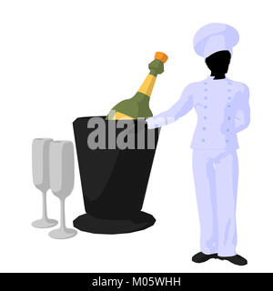 African american chef and champagne silhouette on a white background Stock Photo