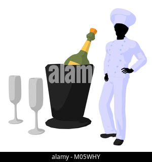 African american chef and champagne silhouette on a white background Stock Photo