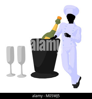 African american chef and champagne silhouette on a white background Stock Photo