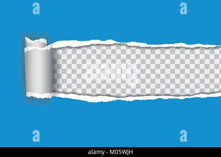 Vector realistic illustration of blue torn paper with rolled edge on transparent background with frame for text Stock Vector