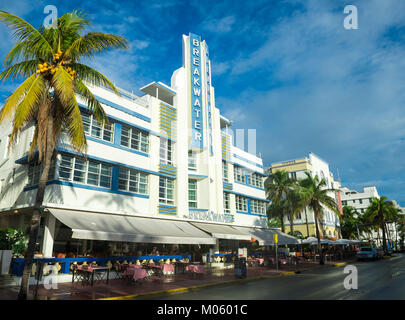 MIAMI - JANUARY 12, 2018: Ocean Drive, also known as Deco Drive for its density of Art Deco architecture, stands empty on a bright morning. Stock Photo