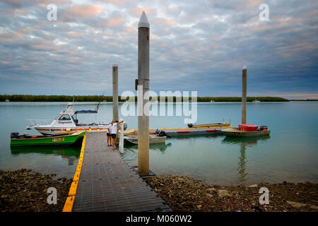 Australia, North Queensland, Karumba.  Boating pontoon. Situated at the mouth of the Norman River, Karumba’s economy revolves largely around fishing. Stock Photo