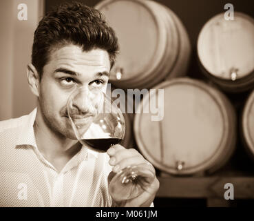 positive adult man having wine tasting in winery Stock Photo