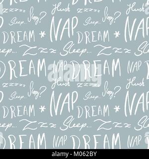 Bed linen design pattern. Sleepy doodle - sleep time vector texture with handwritten words. Stock Vector