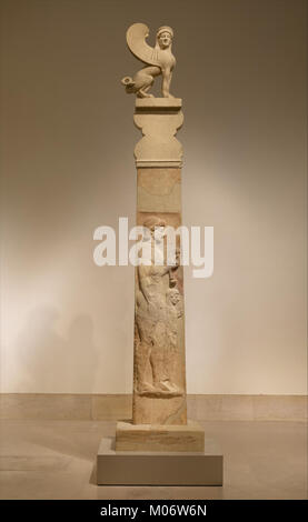 Marble stele (grave marker) of a youth and little girl with capital and finial in the form of a sphinx MET DP116926 Stock Photo