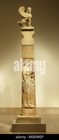 Marble stele (grave marker) of a youth and little girl with capital and finial in the form of a sphinx MET gr11.185a-d,f,g,x.R Stock Photo