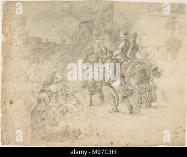 Military Cavaliers Entering Town Accompanied by a Turbaned Torch-bearer. In the foreground- Two Seated Women and a Child (recto); Several Cooks, and Two Pages with a Platter in a Kitchen Yard (verso) MET DP803045 Stock Photo