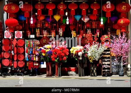 Colorful gifts on sale during Chinese New Year at this shop in Chinatown, Singapore Stock Photo